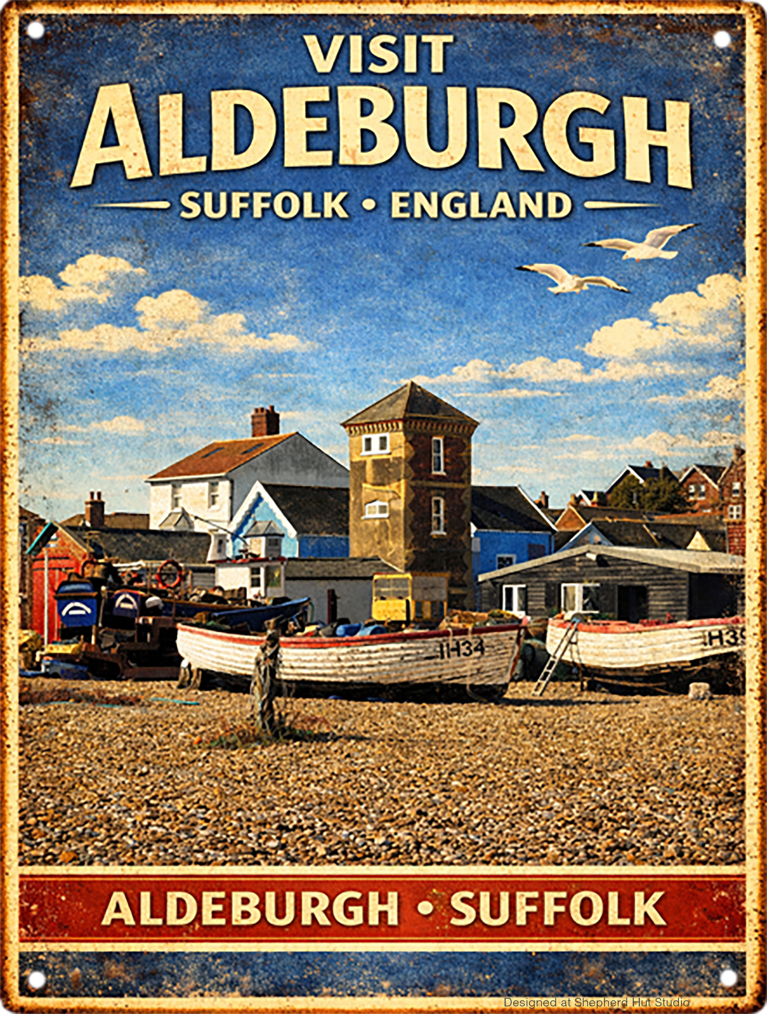 Aldeburgh fishing boat handmade aluminium tin sign by Shepherd Hut Studio