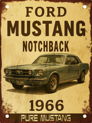 Vintage-style portrait aluminium tin sign featuring a 1966 Ford Mustang Notchback in a retro classic car design with distressed vintage detailing and bold typography.