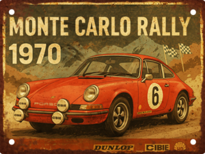 Monte Carlo Rally 1970 Porsche 911 handmade aluminium tin sign featuring vintage rally artwork.