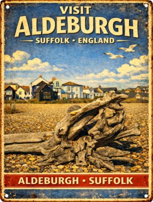 Aldeburgh suffolk coast driftwood handmade aluminium tin sign by Shepherd Hut Studio