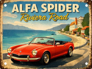 Alfa Spider Riviera Road aluminium tin sign featuring a classic red Italian sports car overlooking the Mediterranean coast.