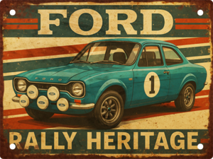 Ford Escort Mk1 Rally Heritage handmade aluminium tin sign with vintage motorsport artwork.