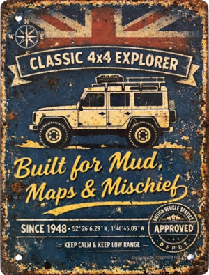 Built for Mud & Maps handmade aluminium off-road adventure tin sign by Shepherd Hut Studio