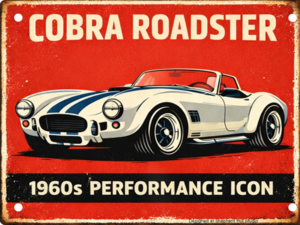 Vintage-style aluminium tin sign featuring a classic white Shelby Cobra Roadster with bold retro typography and distressed 1960s performance-inspired artwork.