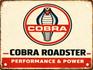 Vintage-style aluminium tin sign featuring the iconic Shelby Cobra emblem with bold "Cobra Roadster" typography on a distressed retro cream and red background.