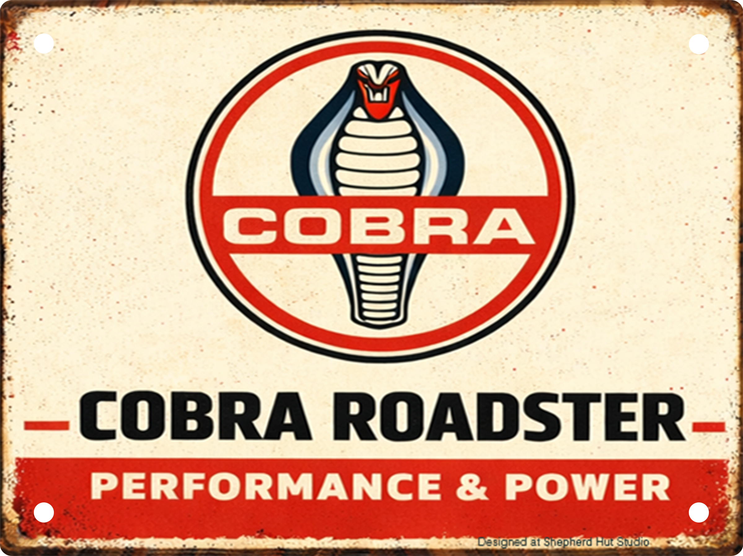 Vintage-style aluminium tin sign featuring the iconic Shelby Cobra emblem with bold "Cobra Roadster" typography on a distressed retro cream and red background.