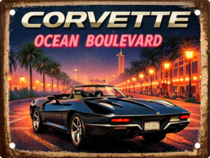 Handmade Corvette Ocean Boulevard aluminium tin sign featuring a classic American sports car on a palm-lined coastal boulevard. Free UK delivery.