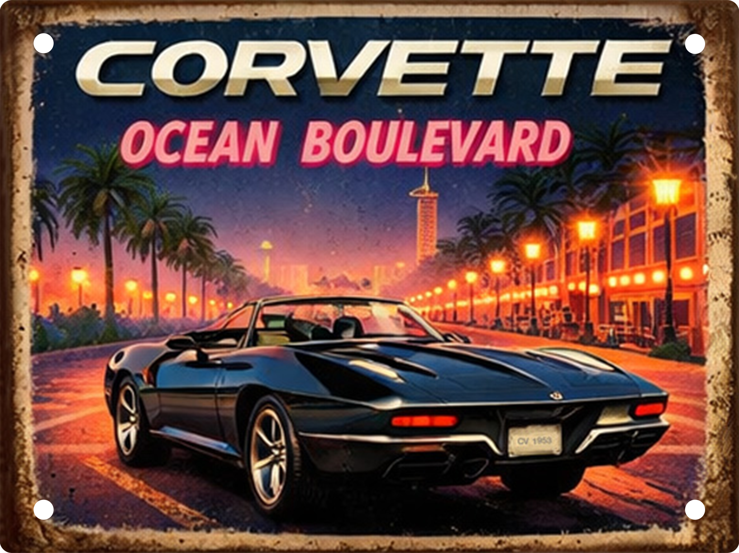 Handmade Corvette Ocean Boulevard aluminium tin sign featuring a classic American sports car on a palm-lined coastal boulevard. Free UK delivery.