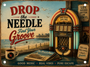 Drop the Needle retro vinyl and jukebox aluminium tin sign
