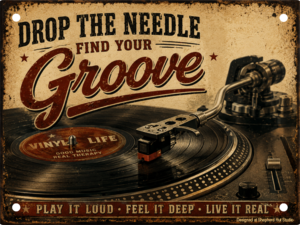 Drop the Needle retro vinyl record player aluminium tin sign