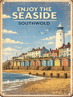 Enjoy the Seaside Southwold handmade aluminium tin sign featuring beach huts and lighthouse by Shepherd Hut Studio