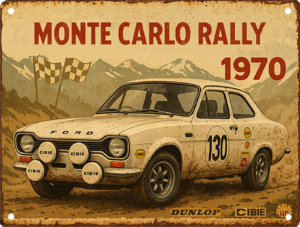 Ford Escort Mk1 Monte Carlo Rally 1970 Tin Sign | Vintage Ford Garage Wall Art | Handmade Aluminium Sign
