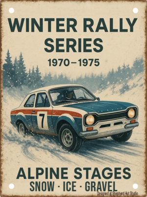 Ford Escort Mk1 Winter Rally Series handmade aluminium tin sign featuring a classic Escort on snow-covered Alpine stages.