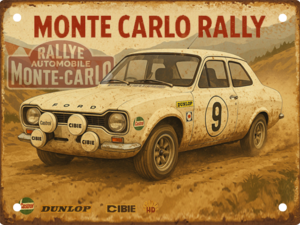 Ford Escort Mk1 Monte Carlo Rally handmade aluminium tin sign featuring vintage rally-inspired artwork.