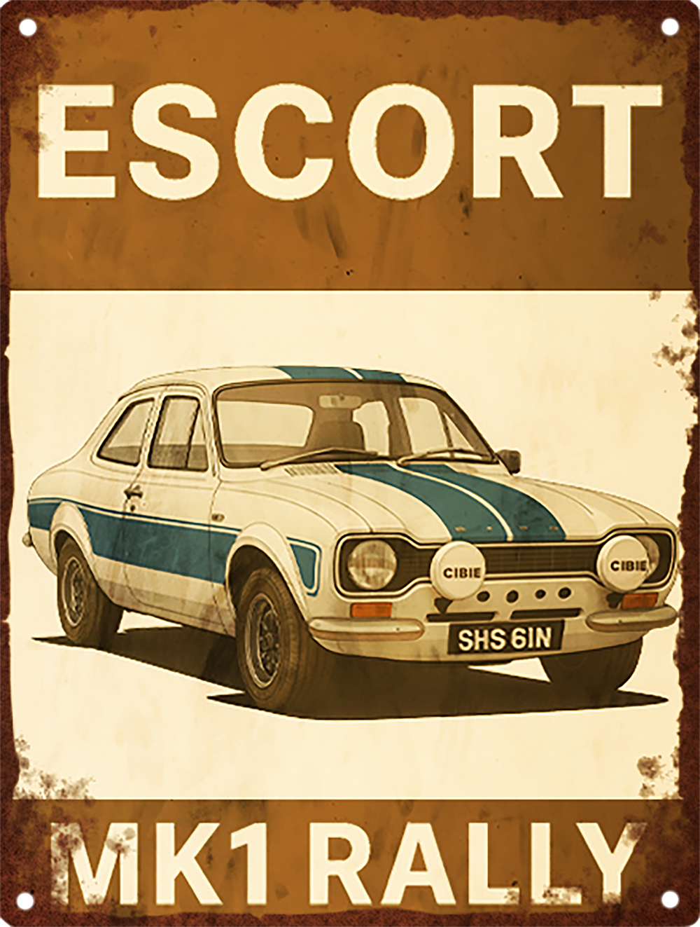 Ford Escort Mk1 Rally inspired handmade aluminium tin sign with vintage classic car styling