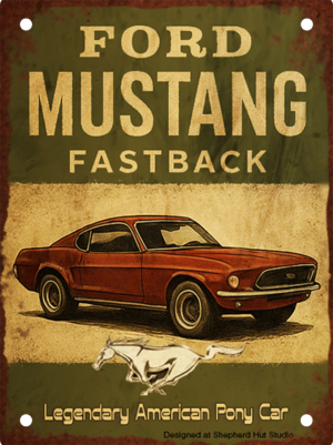 Vintage-style portrait aluminium tin sign featuring a classic red Ford Mustang Fastback with distressed retro detailing and bold typography celebrating the legendary American pony car.
