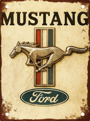 Vintage-style portrait aluminium tin sign featuring the iconic Ford Mustang running pony emblem with classic racing stripes on a distressed retro background.