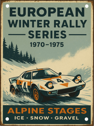 Lancia Stratos European Winter Rally Series handmade aluminium tin sign featuring a classic rally car on Alpine snow stages.