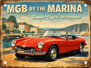 Handmade MGB by the Marina aluminium tin sign featuring a classic British sports car beside a picturesque harbour. Perfect for garages, workshops and MG enthusiasts.