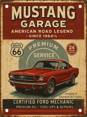 Vintage-style portrait aluminium tin sign featuring a classic red Ford Mustang with retro American garage graphics, Route 66 emblem and distressed workshop-inspired artwork.