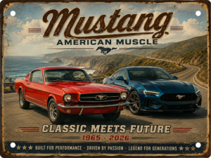 Mustang American Muscle aluminium tin sign featuring a 1965 Ford Mustang and 2026 Mustang on a scenic coastal highway.