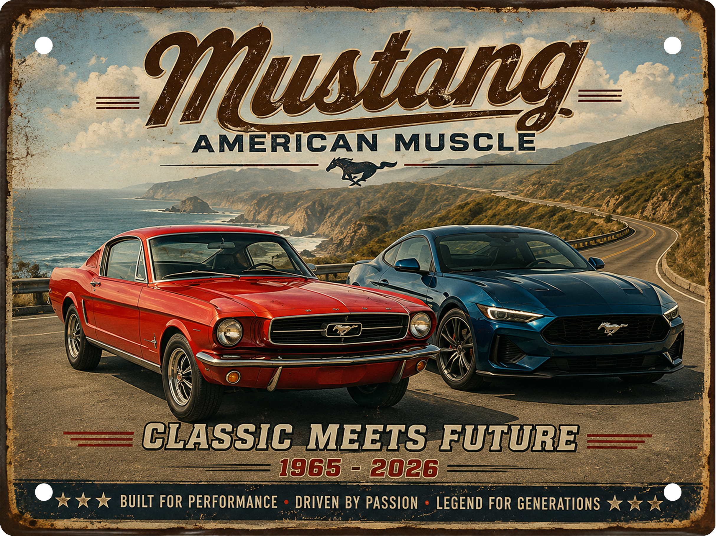 Mustang American Muscle aluminium tin sign featuring a 1965 Ford Mustang and 2026 Mustang on a scenic coastal highway.