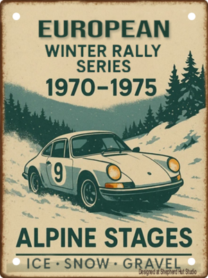 Porsche 911 European Winter Rally Series handmade aluminium tin sign featuring a classic Porsche on Alpine snow stages.