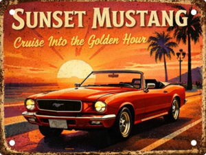 Handmade Sunset Mustang aluminium tin sign featuring a classic Ford Mustang convertible beneath a stunning golden sunset. Perfect for garages, workshops and Mustang enthusiasts.