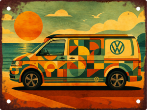 Colourful retro campervan tin sign with vintage seaside sunset design