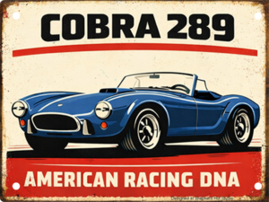 Vintage-style aluminium tin sign featuring a classic blue Shelby Cobra 289 roadster with bold retro typography and distressed American racing-inspired artwork.