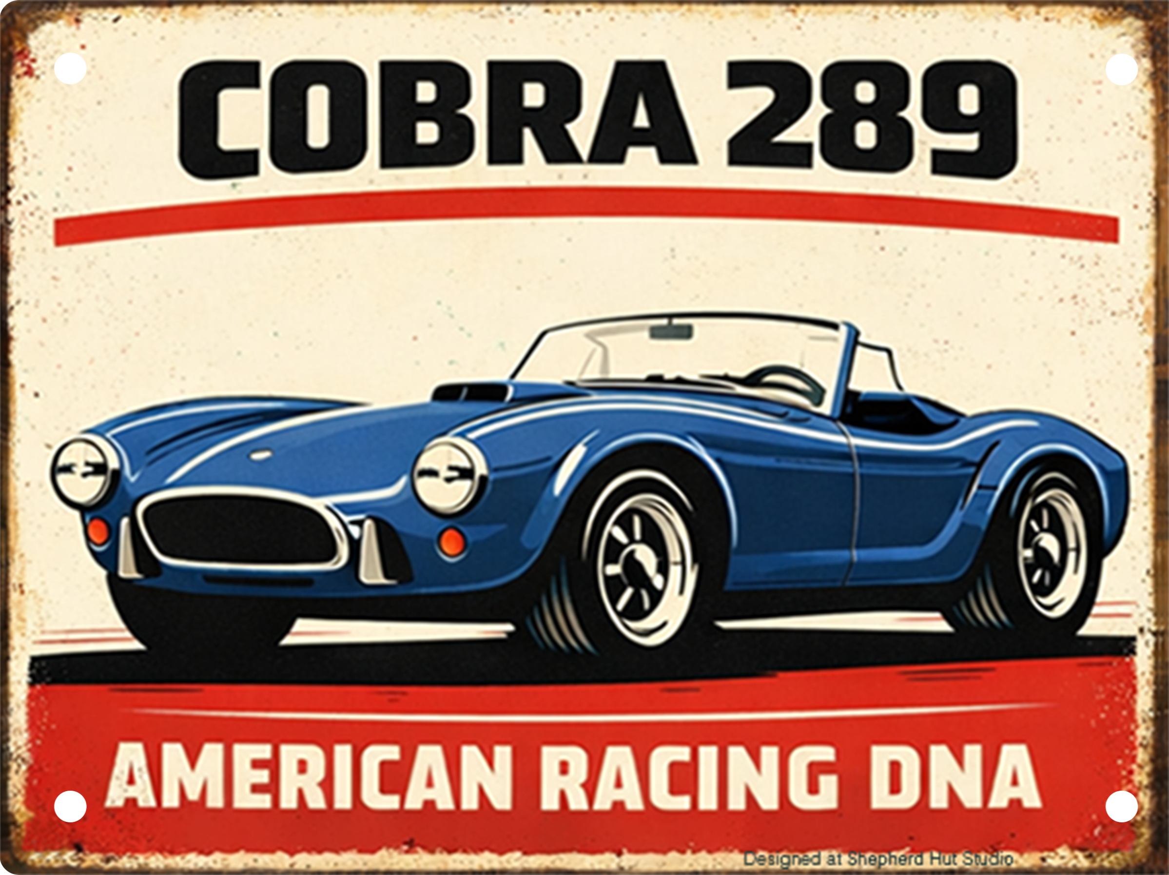 Vintage-style aluminium tin sign featuring a classic blue Shelby Cobra 289 roadster with bold retro typography and distressed American racing-inspired artwork.