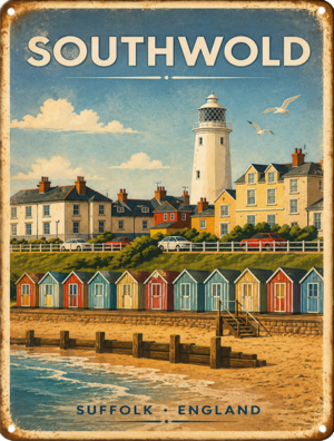 Southwold beach huts and lighthouse handmade aluminium tin sign by Shepherd Hut Studio