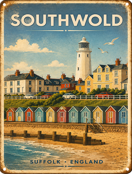 Southwold beach huts and lighthouse handmade aluminium tin sign by Shepherd Hut Studio