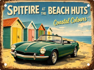 Handmade Triumph Spitfire at the Beach Huts aluminium tin sign featuring a classic British sports car beside colourful seaside beach huts. Free UK delivery.