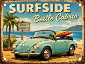 Vintage-style aluminium tin sign featuring a pastel blue Volkswagen Beetle Cabriolet parked beside a sandy beach with surfboards, palm trees, a surf shack and a sparkling blue sea.
