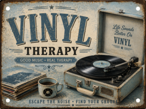 Vintage-style aluminium tin sign featuring a retro record player, vinyl records and the phrase "Life Sounds Better On Vinyl" in a nostalgic music-inspired design.