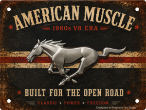 1960s American Muscle tin sign with metallic galloping horse and red racing stripes