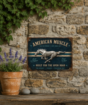 American Muscle Running Horse aluminium tin sign displayed on rustic wall