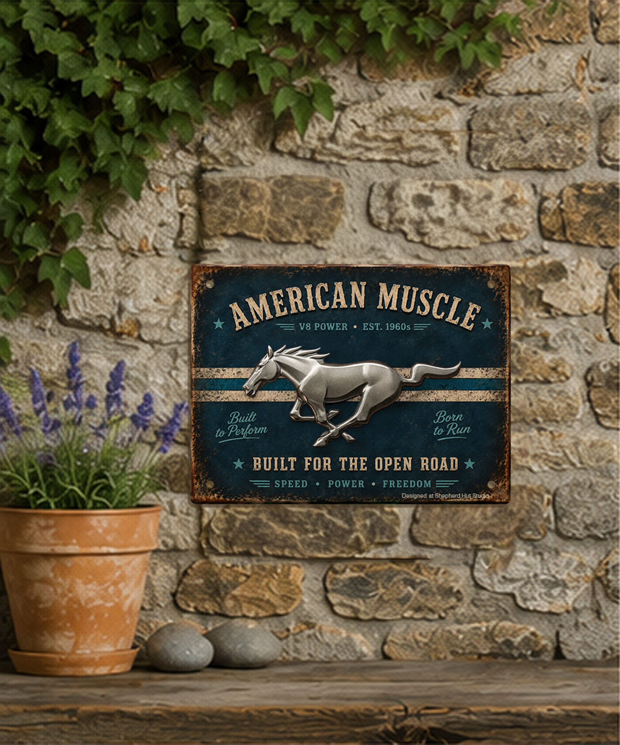 American Muscle Running Horse aluminium tin sign displayed on rustic wall