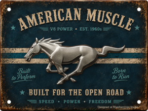 1960s American Muscle tin sign with metallic galloping horse and cream racing stripes