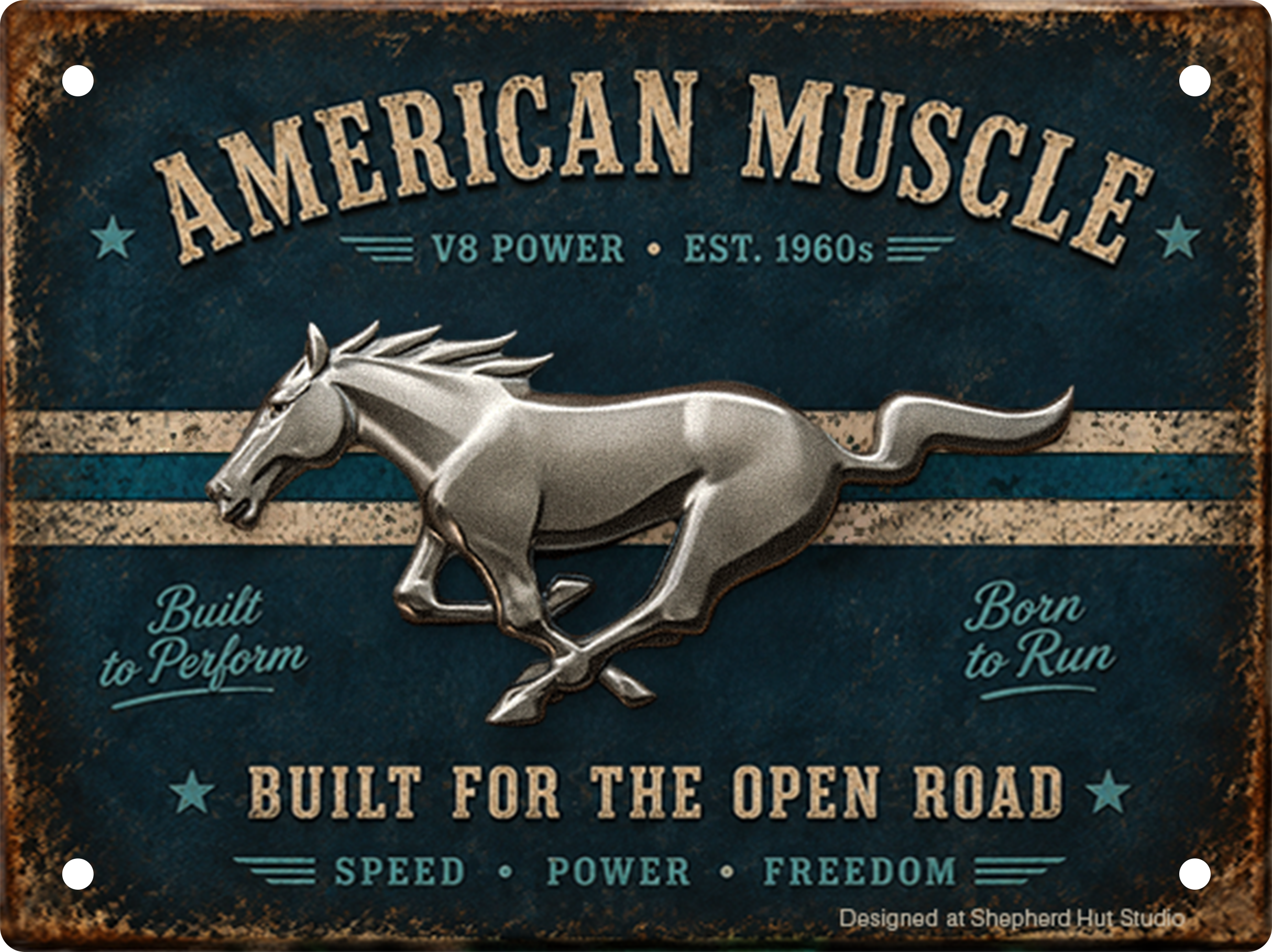 1960s American Muscle tin sign with metallic galloping horse and cream racing stripes