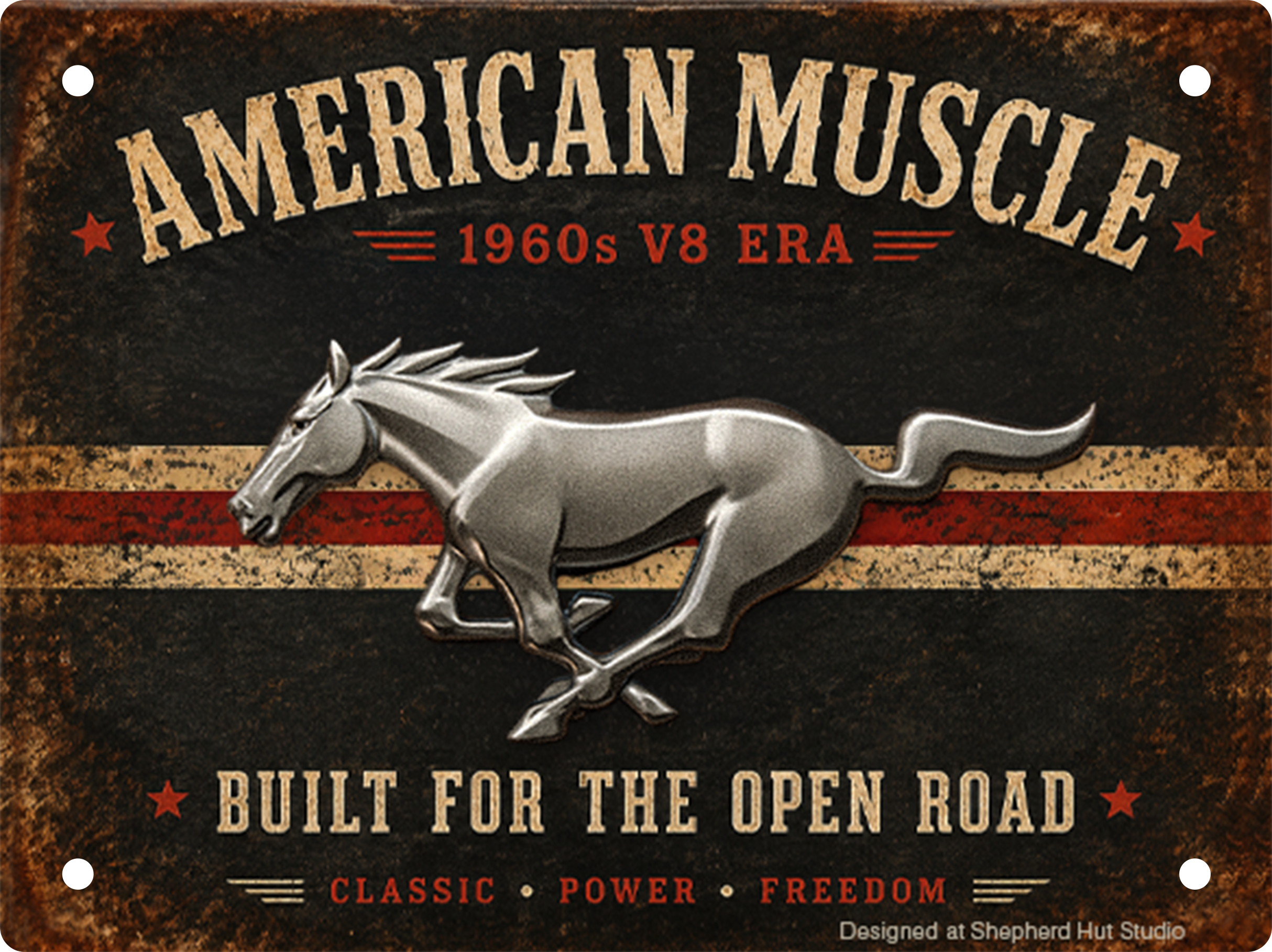 1960s American Muscle tin sign with metallic galloping horse and red racing stripes