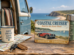 Padstow Coastal Cruiser Morgan Tin Sign – Scenic Drive Padstow Cornwall Coastal Cruiser tin sign featuring a classic red Morgan sports car on a scenic coastal drive