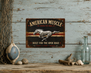 American Muscle Running Horse aluminium tin sign displayed on rustic wall