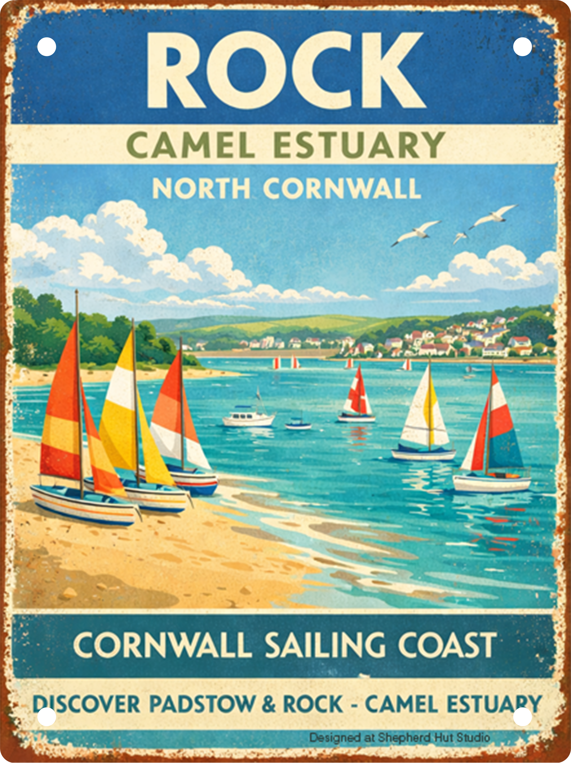 Handmade aluminium tin sign featuring sailing boats on the Camel Estuary at Rock, Cornwall in a vintage coastal travel poster style.
