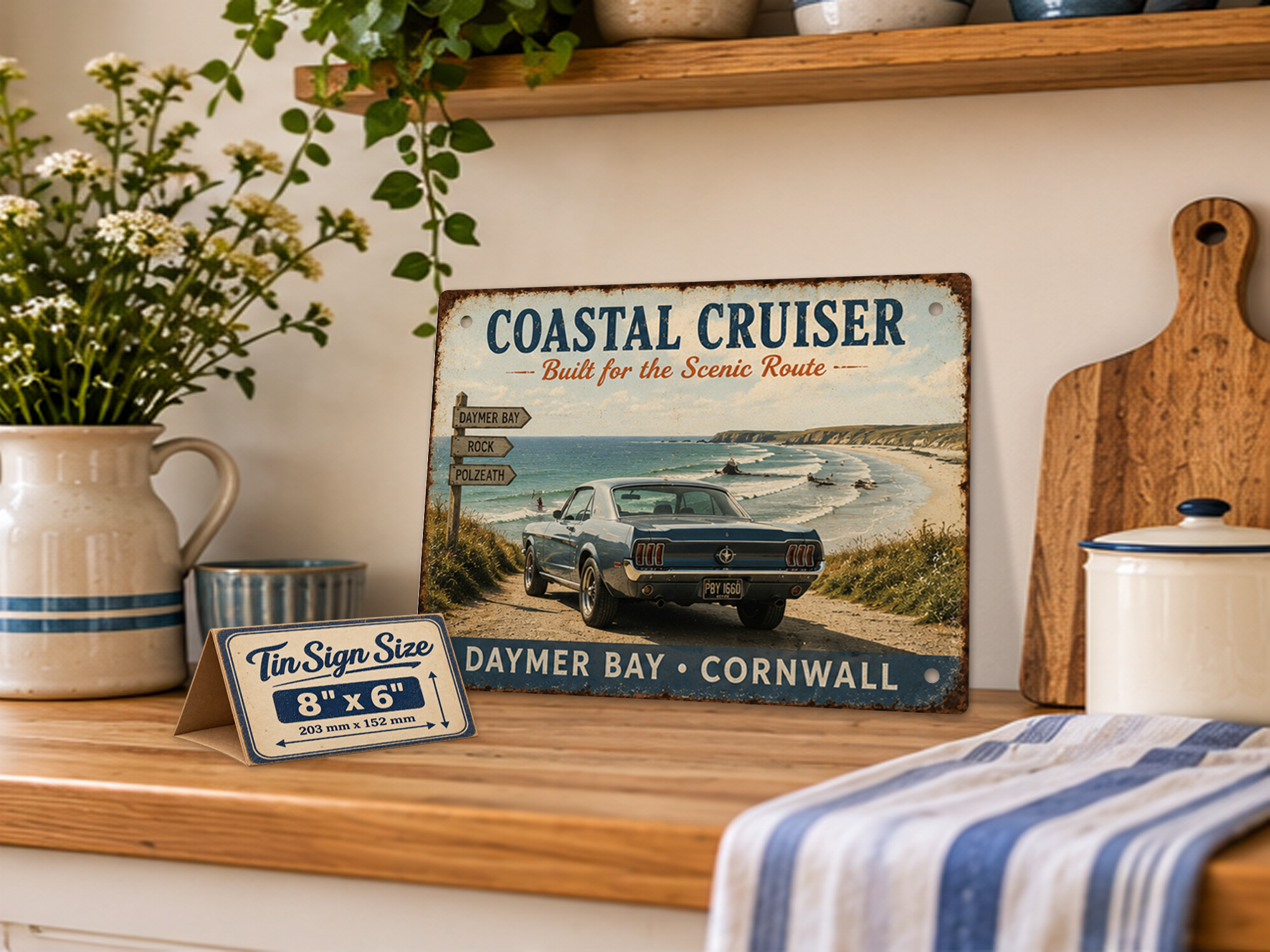 Daymer Bay Cornwall Coastal Cruiser tin sign featuring a classic blue Mustang displayed in a coastal kitchen