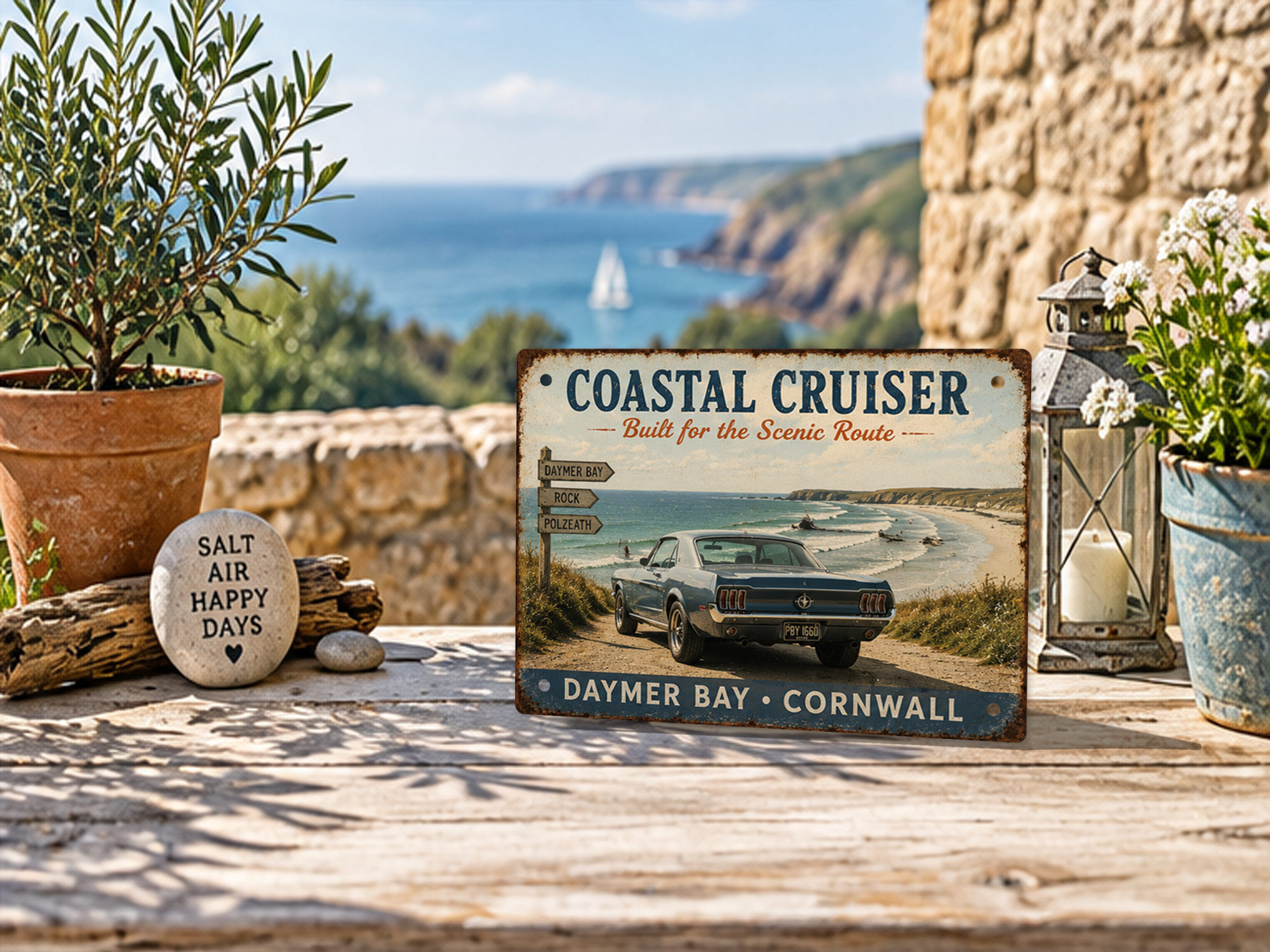 Daymer Bay Cornwall Coastal Cruiser tin sign featuring a classic blue Mustang overlooking the beach