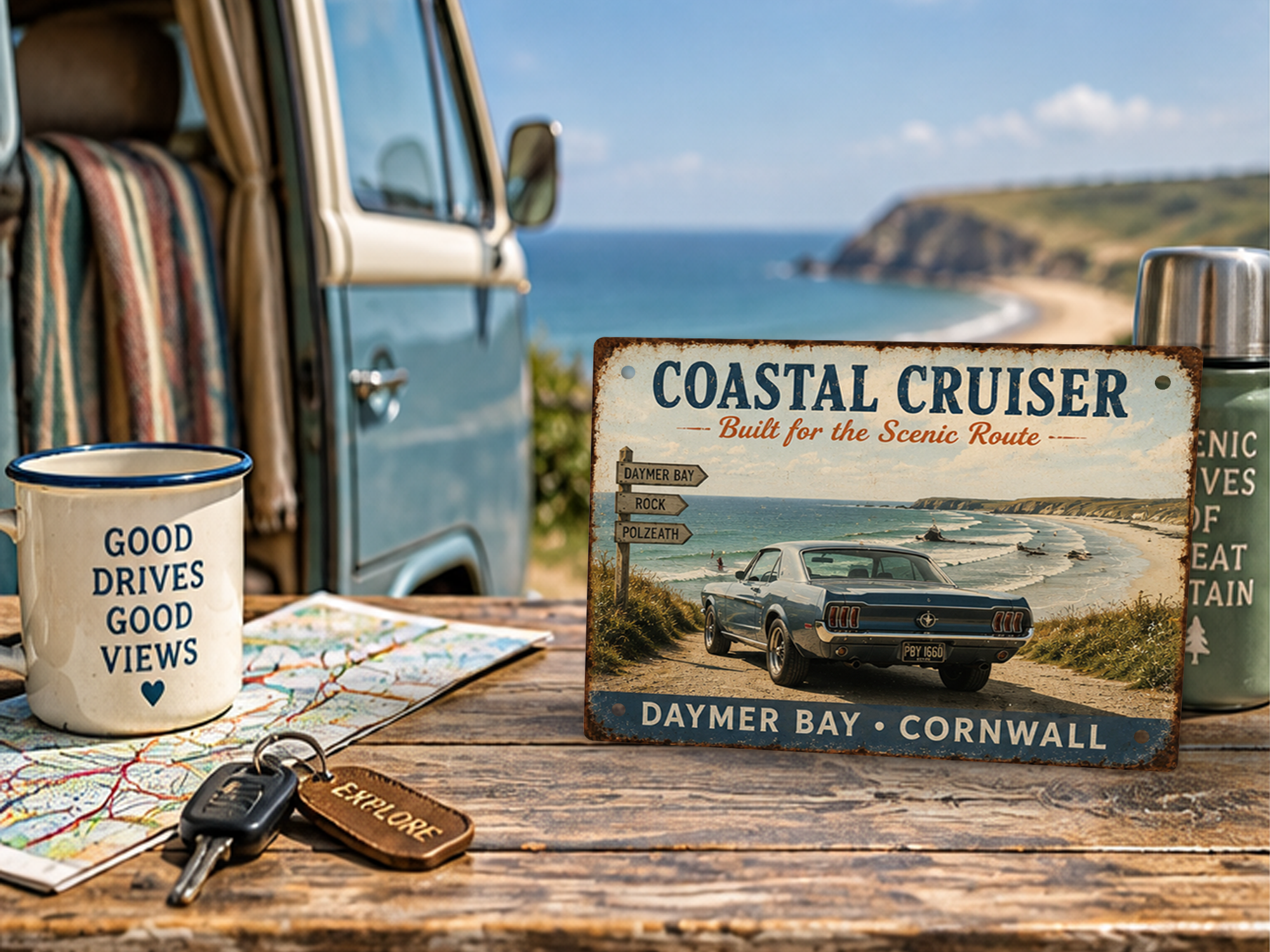 Daymer Bay Cornwall Coastal Cruiser tin sign featuring a classic Mustang on a scenic coastal drive