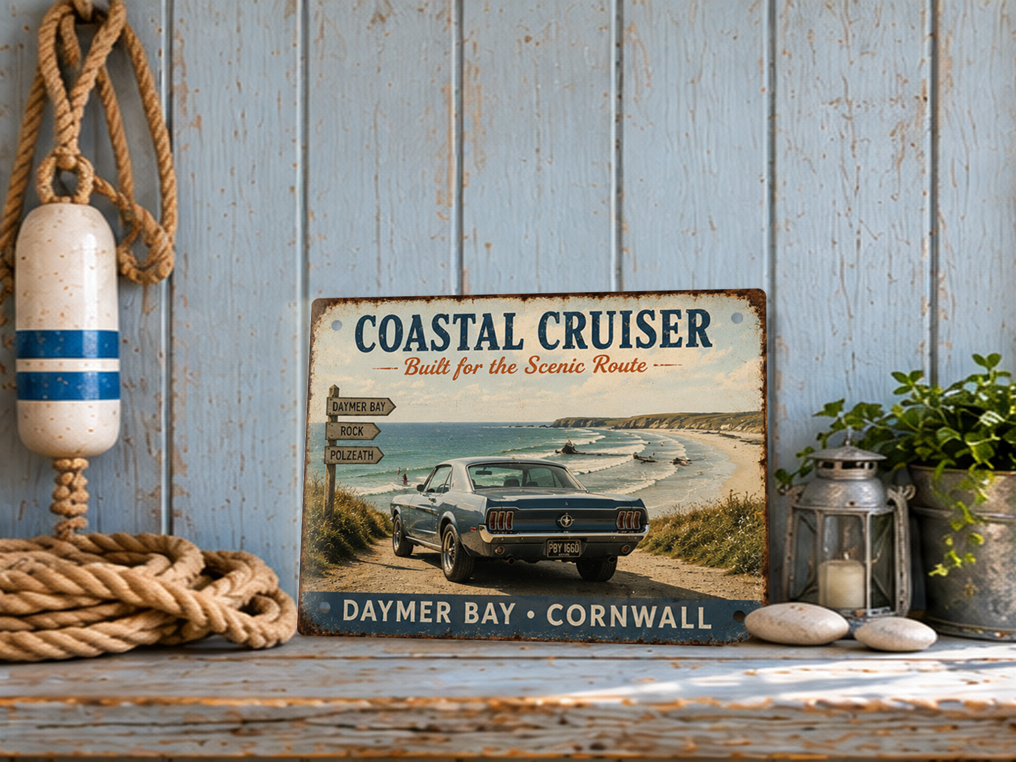 Daymer Bay Cornwall Coastal Cruiser tin sign featuring a classic blue Mustang overlooking the Cornish coast