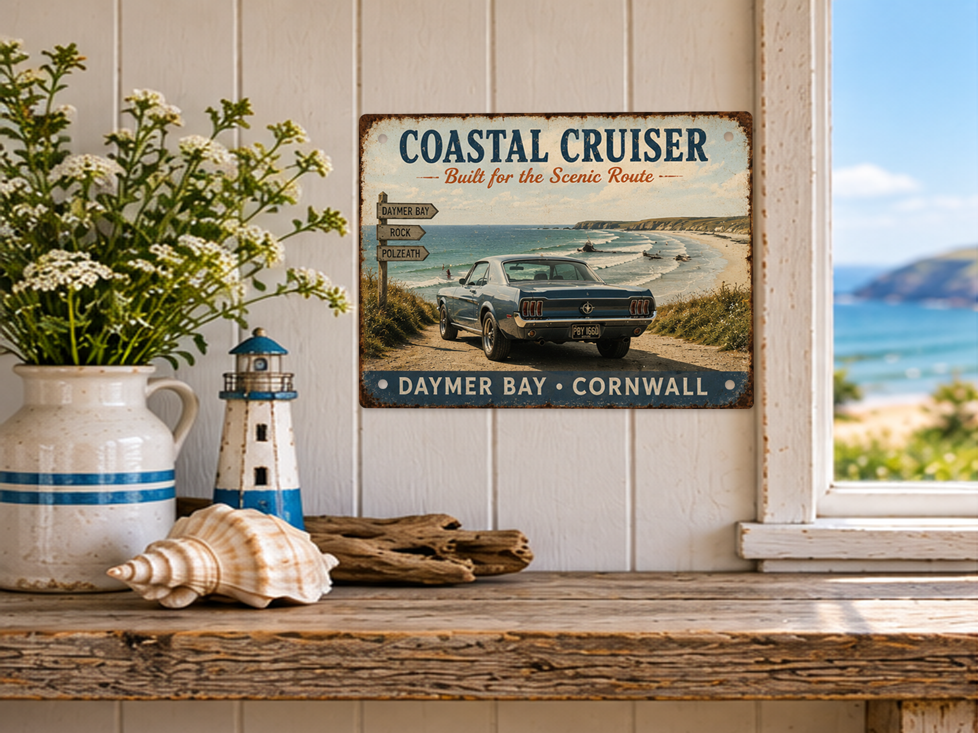Daymer Bay Cornwall Coastal Cruiser tin sign featuring a classic blue Mustang overlooking the beach